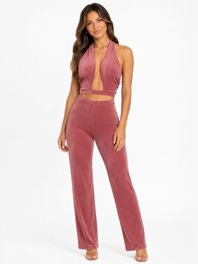 Fashion Nova Dusty Rose Halter 2-Piece Pant Set